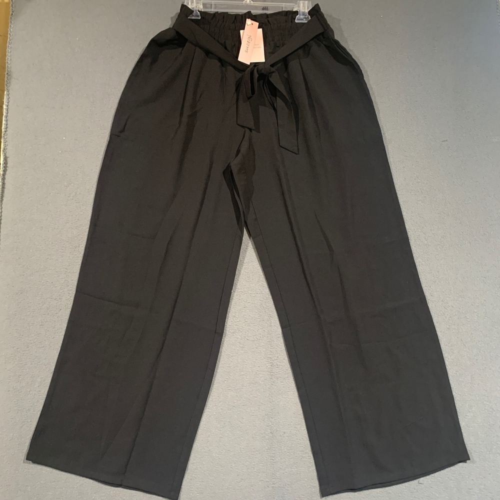 Sucegi Wide Leg Pants Women 1XL Black Paperbag Waist Tie Belt Career Trousers